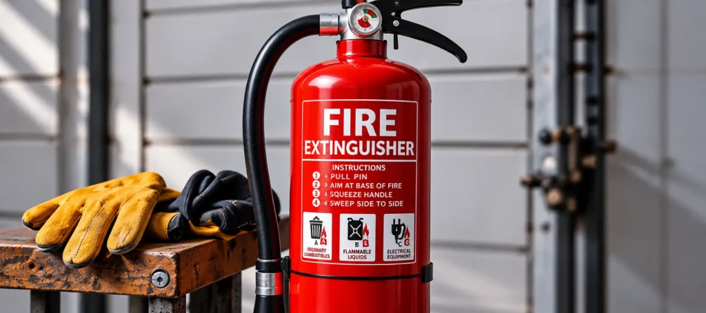 Red fire extinguisher with a hose and labeled instructions, placed on a workbench next to yellow protective gloves in a workshop setting
