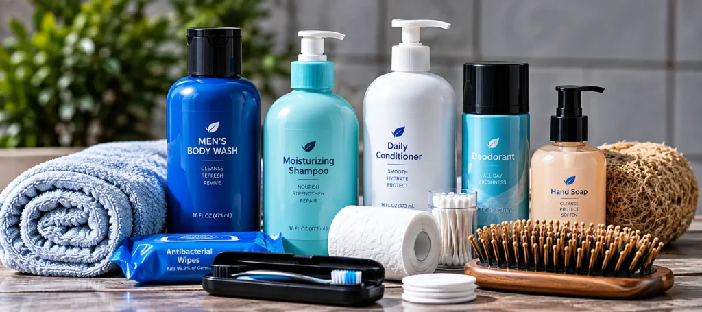 Assorted grooming products on a wooden surface, including body wash, shampoo, conditioner, deodorant, and hand soap with towels and wipes nearby.