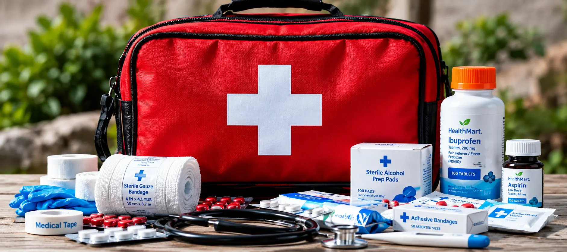 Red first aid bag with a white cross, surrounded by medical supplies on a wooden table (bandages, pills, tape, syringes).