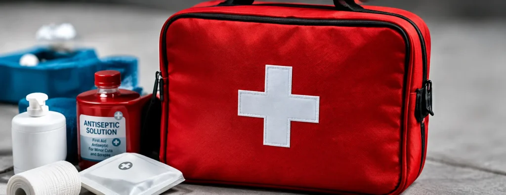 Red medical kit with white cross, surrounded by antiseptic, bandages, and gauze on a gray surface (first aid supplies).