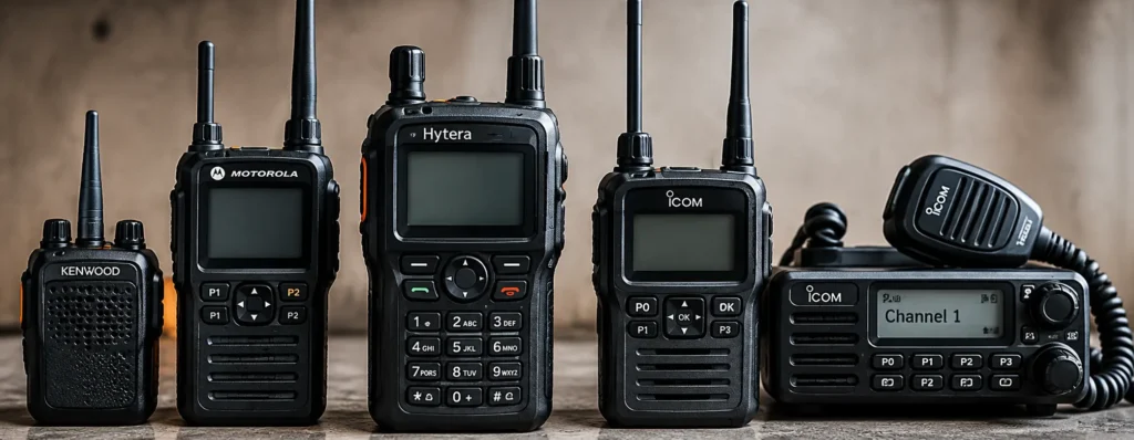 Row of handheld two-way radios with antennas from Kenwood, Motorola, Hytera and Icom, plus a base station radio on the right.