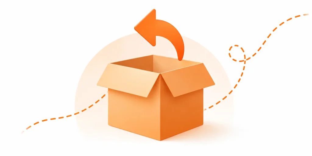 Orange open box with a curved orange arrow emerging from it, suggesting unboxing or product return/reveal.