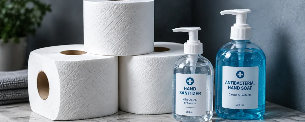 Two pump bottles labeled Hand Sanitizer and Antibacterial Hand Soap beside stacked toilet paper rolls on a bathroom counter.