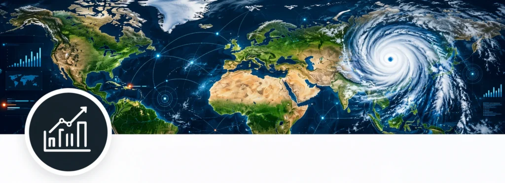 Global data analytics banner: world map with a hurricane, connected nodes, and bar chart icons across the edges, symbolizing global analytics and networks.