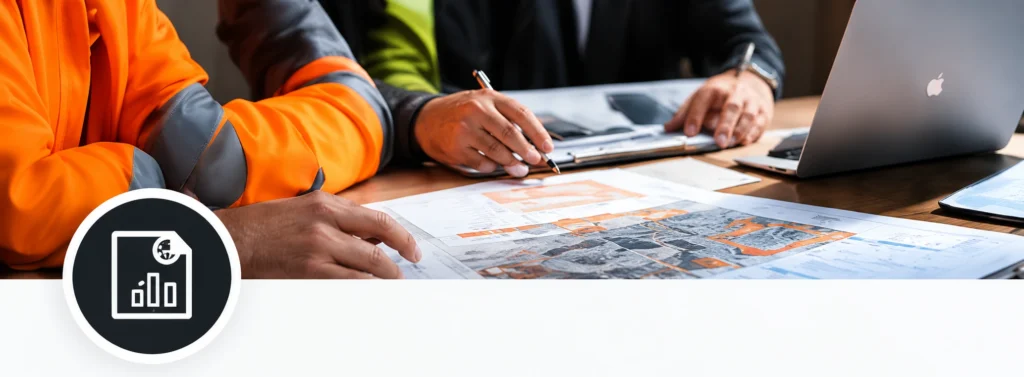 Two workers in safety gear study blueprints on a table with a laptop nearby.