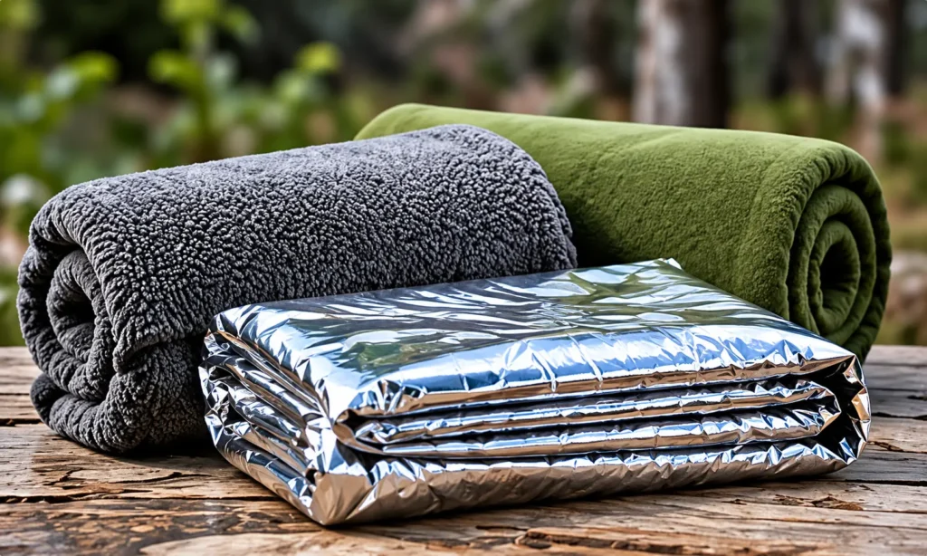 Two rolled blankets—one gray fluffy and one green—next to a shiny foil-wrapped package on a weathered wooden surface outdoors