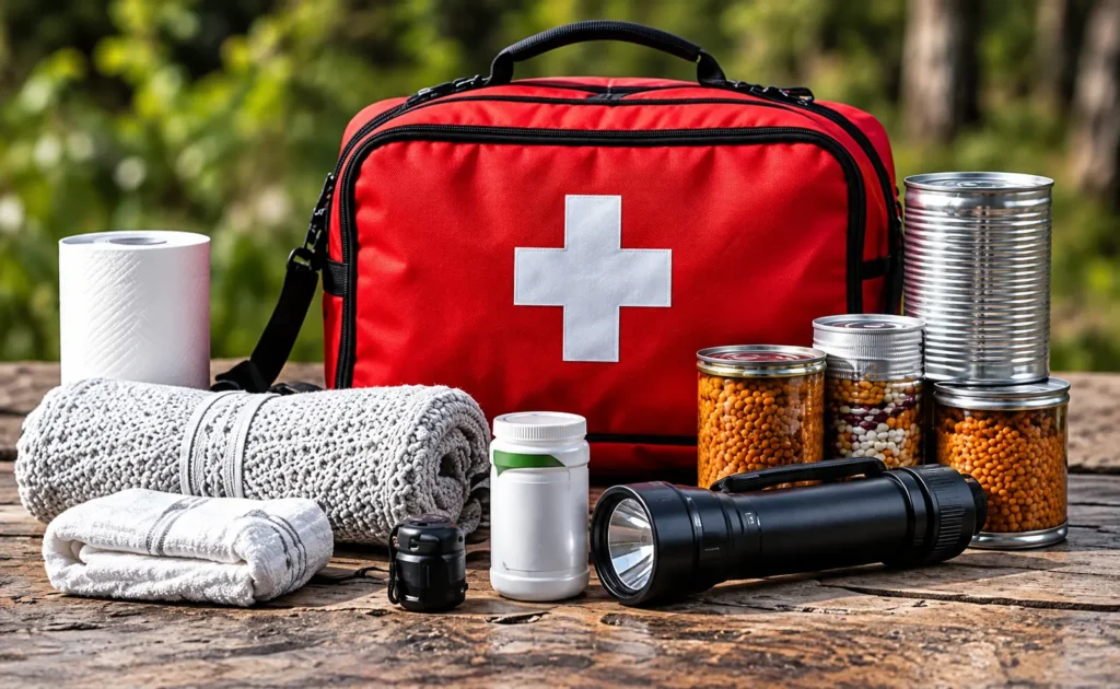 Red first aid kit with a white cross on a wooden table, surrounded by towels, toilet paper, a flashlight, pills, and canned food outdoors (emergency preparedness kit).
