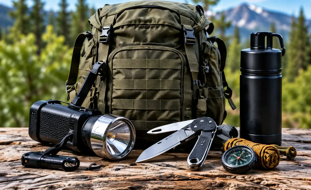 Outdoor gear on a wooden table: olive backpack, flashlight, camera with lens, multitool blades, compass, paracord, and a water bottle in a forest setting.