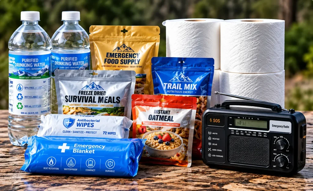 Emergency preparedness supplies on a wooden table: bottled water, meal packs, energy bars, wipes, a blue emergency blanket, toilet paper, and a radio.