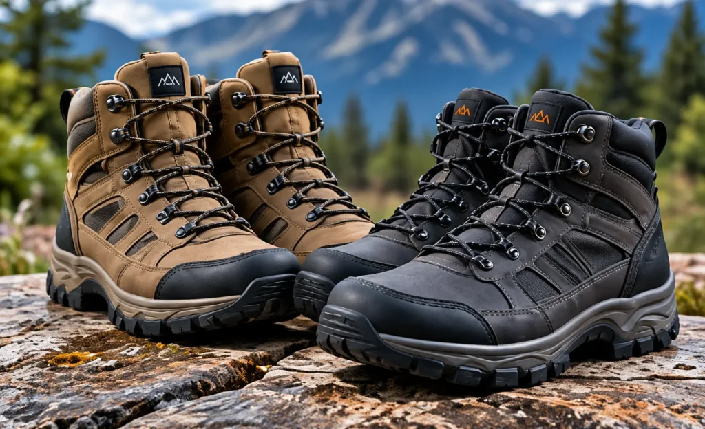 Pair of tan and black hiking boots on a rocky surface with a mountain landscape in the background, ready for trail hiking.