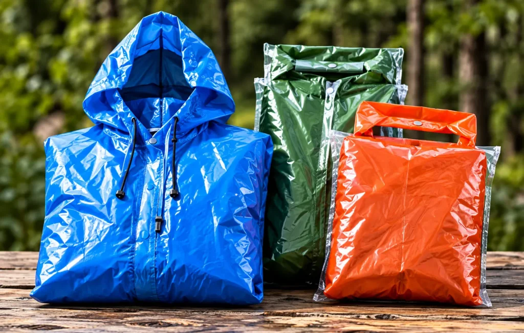 Blue rain jacket with hood and drawstrings on a wooden table, with green and orange packaged rain ponchos in the background.