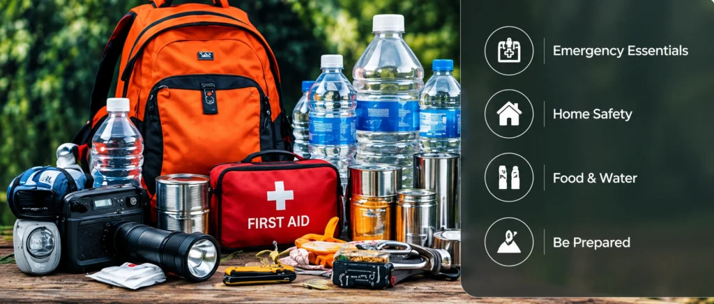 Emergency preparedness gear (orange backpack, first aid kit, water bottles, cans) with a right-side panel listing essentials.