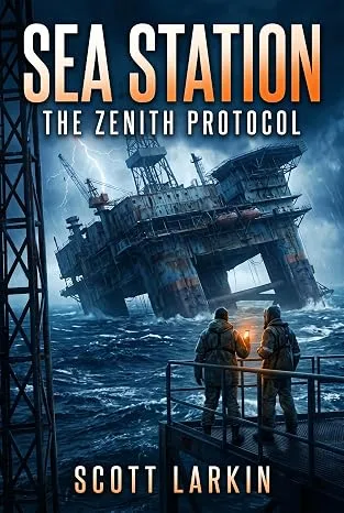 Book cover showing two people in survival gear on a platform, facing a rusted offshore rig amid rough seas and lightning, title Sea Station: The Zenith Protocol by Scott Larkin.