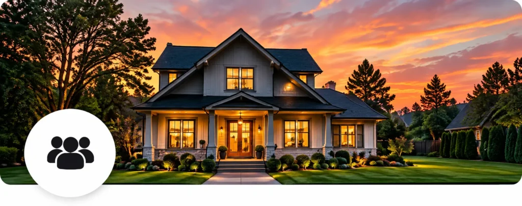 Front view of a large farmhouse-style home at sunset with warm interior lights and a well-kept lawn and garden beds in the foreground. An oversized white circle with a black group icon sits in the lower-left corner.