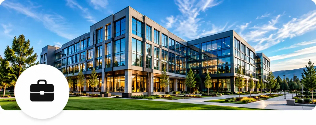 Modern glass-office building with landscaped grounds under a blue sky; a white circular overlay in the corner contains a black briefcase icon, suggesting business services.