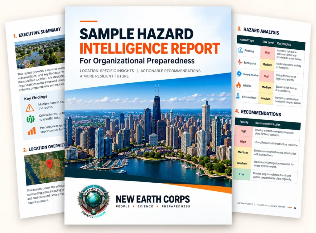 Front cover of a hazard intelligence report showing a city skyline, with bold title and the New Earth Corps logo.